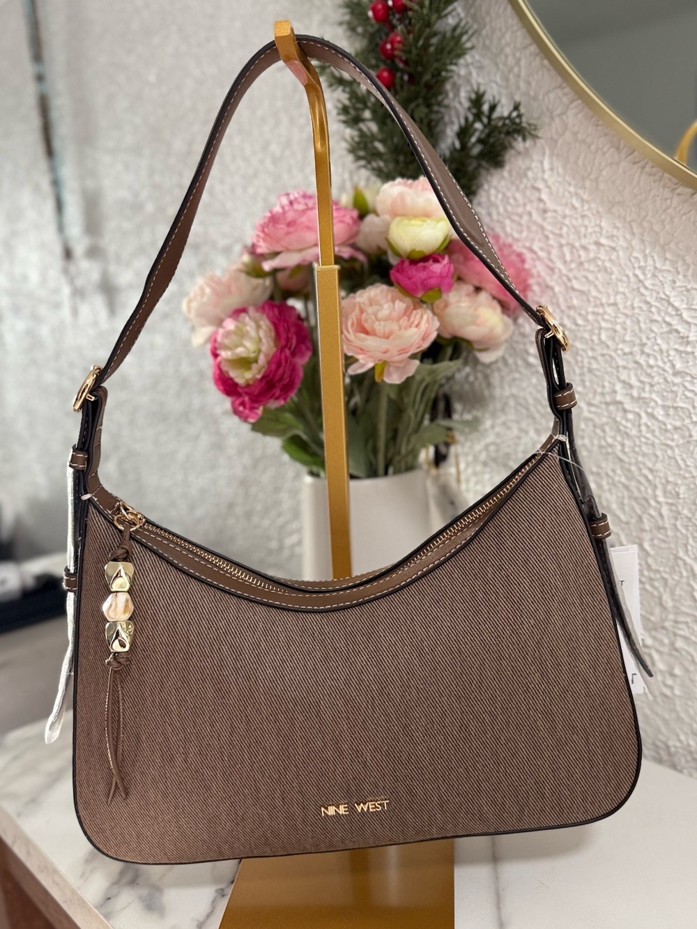 Nine West Brown Hobo Shoulder Bag with Tassel Charm